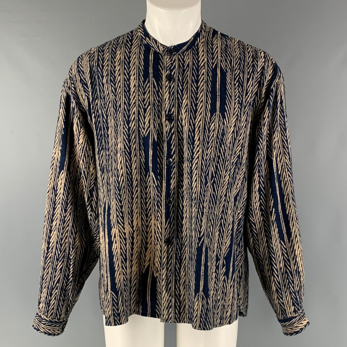 KAPITAL Size S Navy Cream Herringbone Cotton Nehru Collar Long Sleeve Shirt