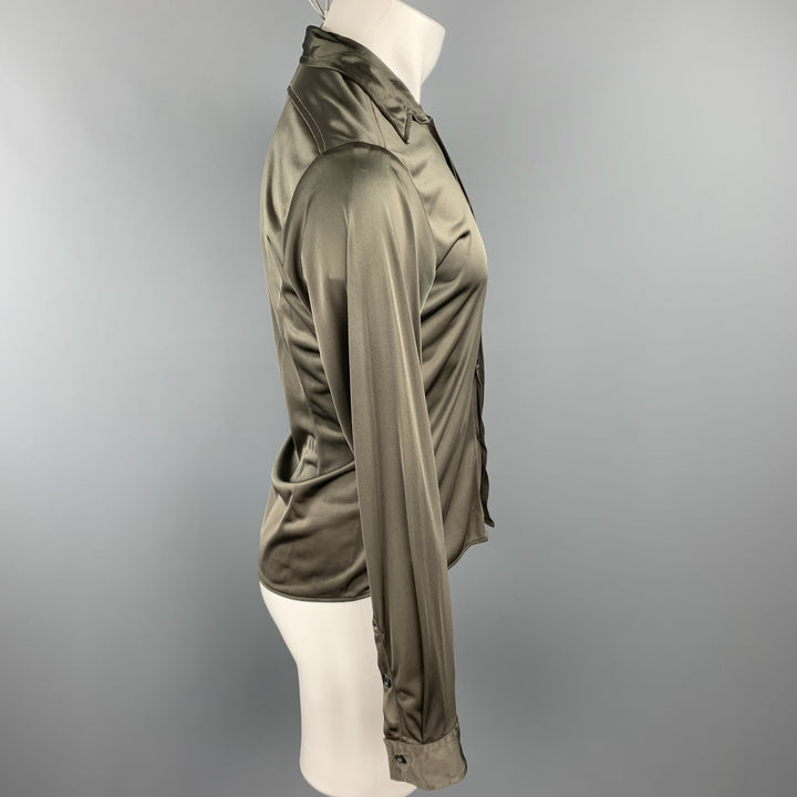 Vintage KATHARINE HAMNETT Size S Olive Polyamide Button Up Long Sleeve Shirt