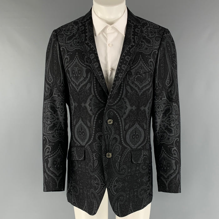 ETRO Size 44 Black Grey Paisley Wool Blend Single breasted Sport Coat