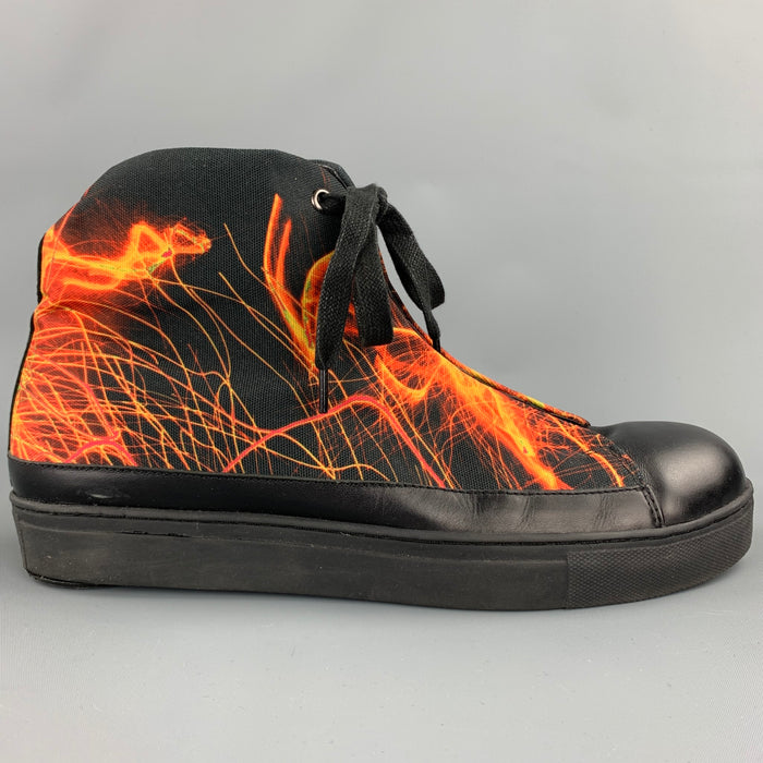 ISSEY MIYAKE Size 11 Black & Orange Print Canvas High Top Sneakers