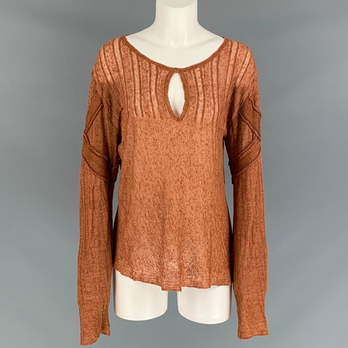 JUST CAVALLI Size M Rust Textured Linen Long Sleeve Pullover - Womens