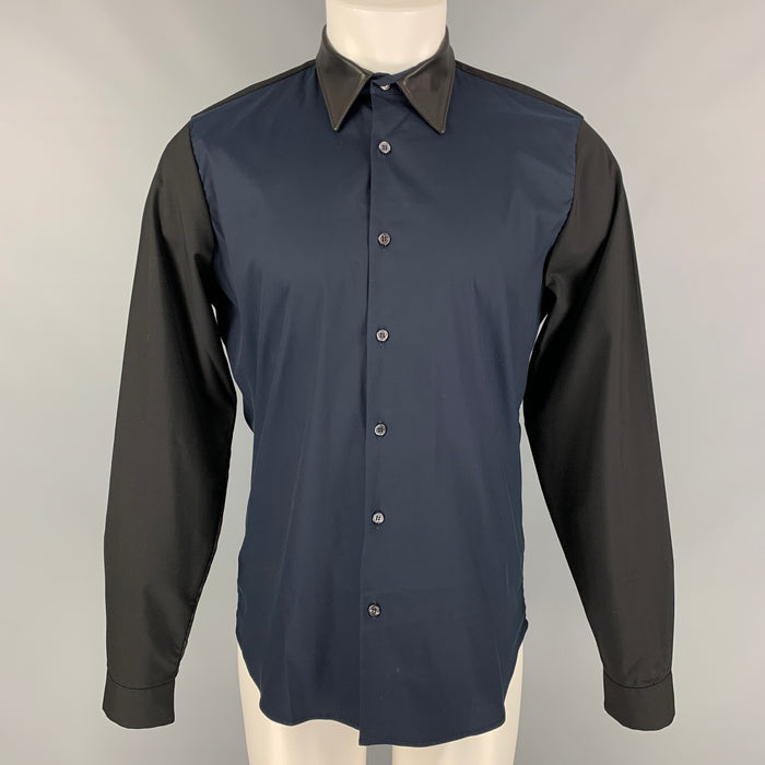 PRADA Size M Navy & Black Color Block Cotton Blend Mixed Fabrics Long Sleeve Shirt