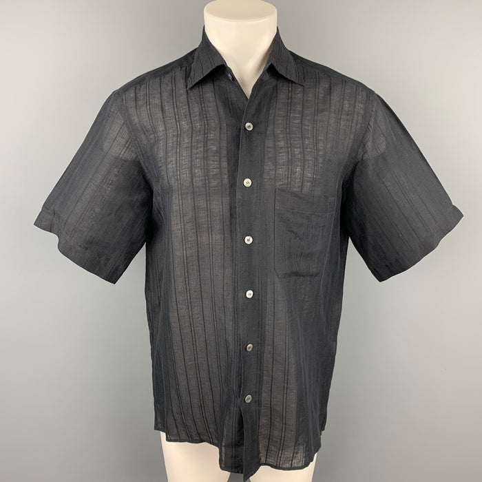 ERMENEGILDO ZEGNA Size M Black Vertical Linen / Cotton Stripe Short Sleeve Shirt