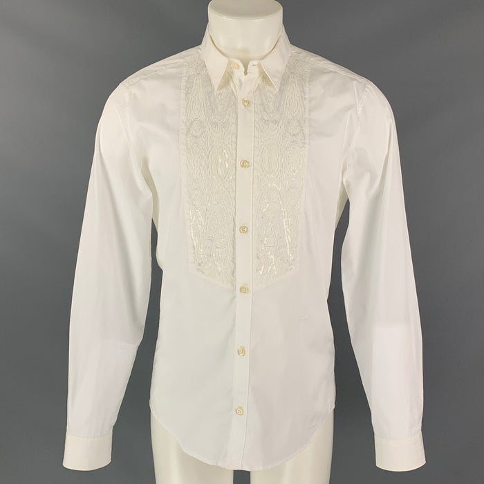 JUST CAVALLI Size S White Beaded Cotton Button Up Long Sleeve Shirt