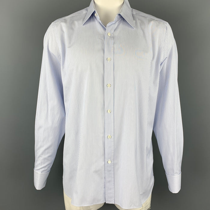 TOM FORD Size XL White & Blue Pinstripe Cotton Button Up French Cuffs Long Sleeve Shirt
