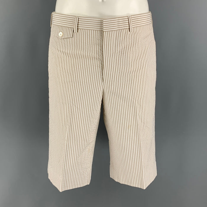 BLACK FLEECE Size 32 Khaki White Seersucker Cotton Button Fly Shorts