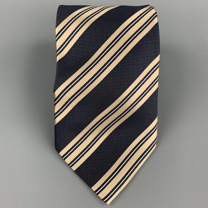 ERMENEGILDO ZEGNA Navy & Taupe Diagonal Stripe Silk Tie