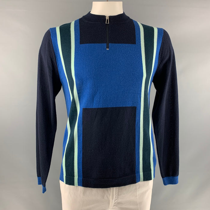 PAUL SMITH Talla L Jersey de lana merino con bloques de color azul marino y cremallera de 1/4