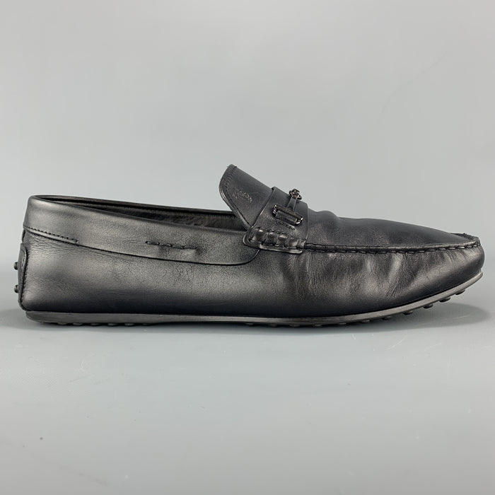 TOD'S Size 10 Black Leather Metal Horsebit Driver Sole Loafers