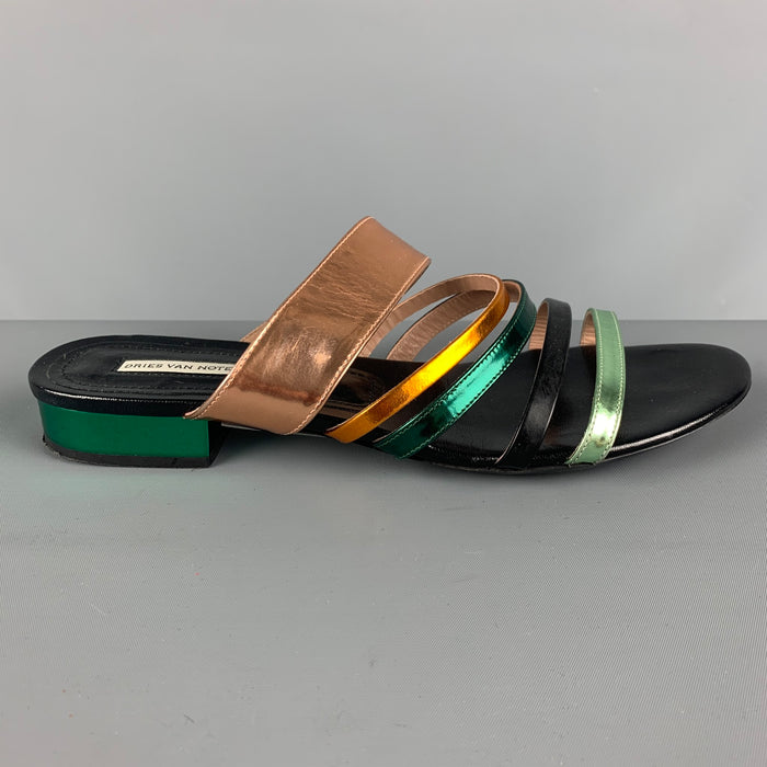 DRIES VAN NOTEN Size 8.5 Black, Gold & Green Patent Leather Flat Sandals