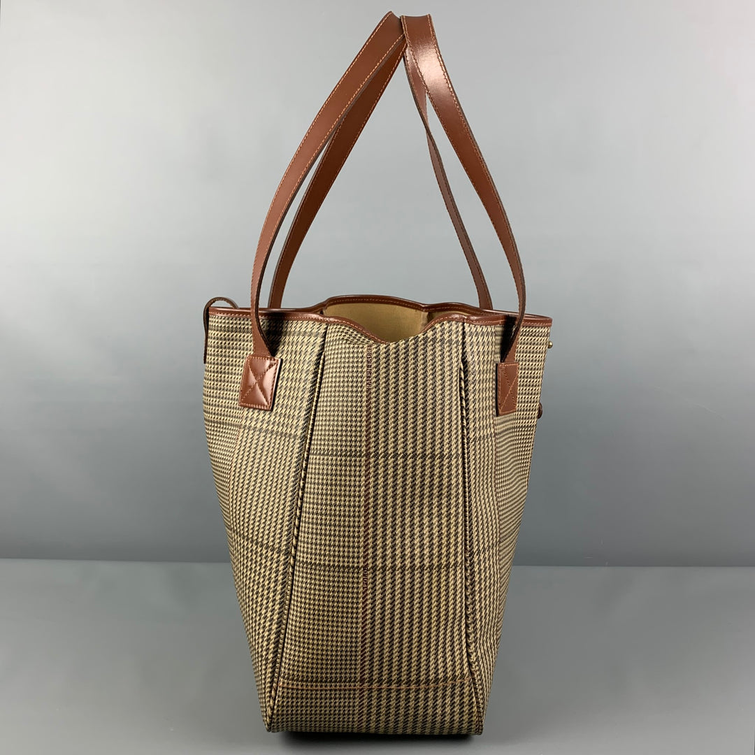 Vintage RALPH LAUREN Beige Brown Plaid Leather Trim Canvas Tote Bag