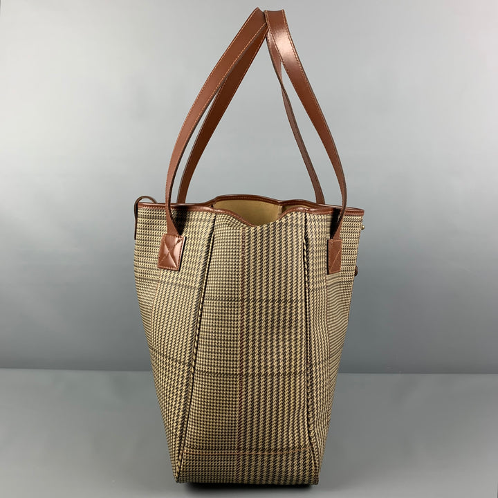Vintage RALPH LAUREN Beige Brown Plaid Leather Trim Canvas Tote Bag