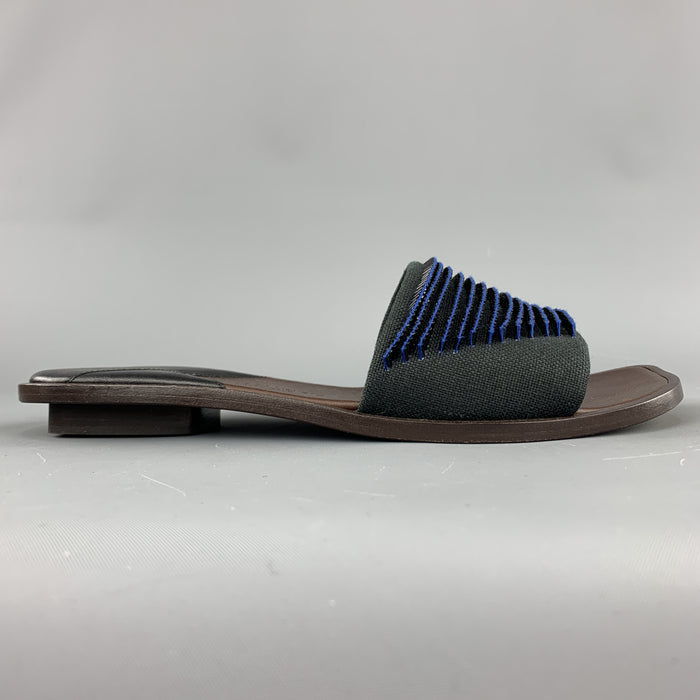 BOTTEGA VENETA Size 7.5 Navy Blue Black Beaded Canvas Strap Brown Leather Sandals