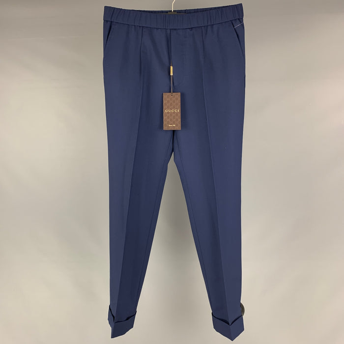 GUCCI Size 30 Blue Navy Solid Wool Mohair Elastic Waistband Casual Pants