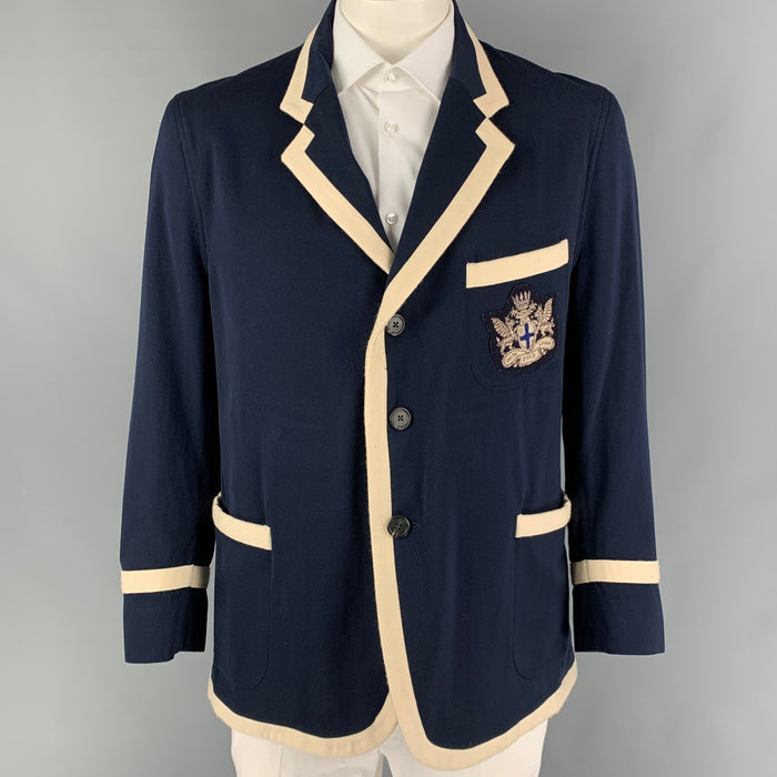 POLO by RALPH LAUREN Size L Navy Cream Embroidery Wool Cotton Sport Coat