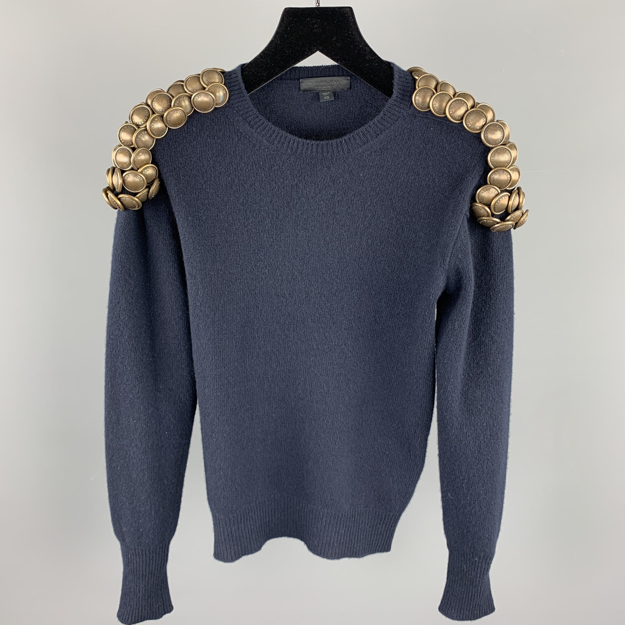 BURBERRY PRORSUM Fall 2010 Size XS Navy Knitted Wool Gold Button