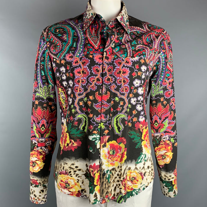 JUST CAVALLI Size XXL Multi-Color Print Cotton Blend Button Up Long Sleeve Shirt