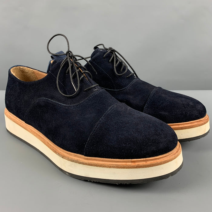 EMPORIO ARMANI Size 11 Navy Solid Leather Platform Lace-Up Shoes