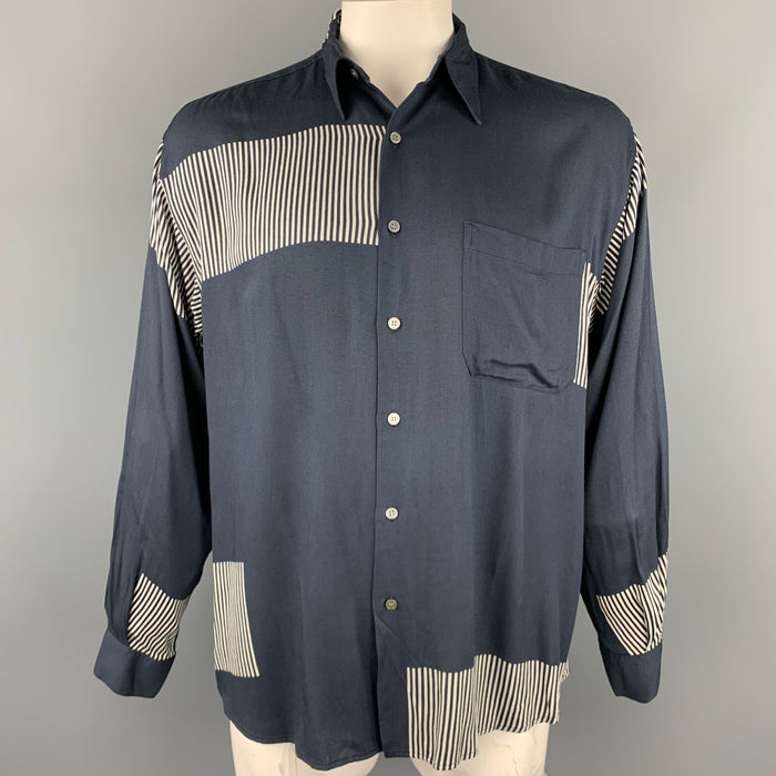 PAUL SMITH Camisa de manga larga con botones de rayón y estampado azul marino talla L