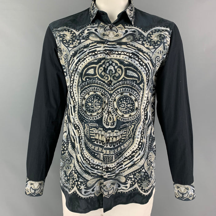JUST CAVALLI Size L Black Grey Print Cotton Long Sleeve Shirt