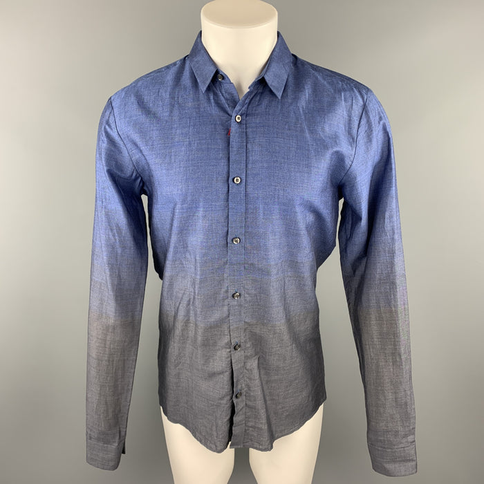 HUGO BOSS Size M Indigo & Charcoal Ombre Cotton Button Up Long Sleeve Shirt