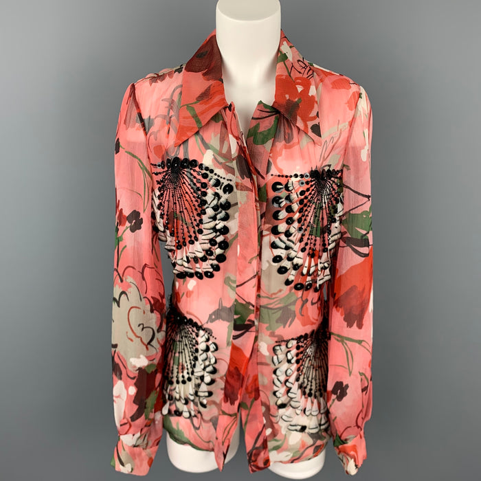 CAROLINA HERRERA Size 10 Pink Beaded Feather Silk Buttoned Jacket