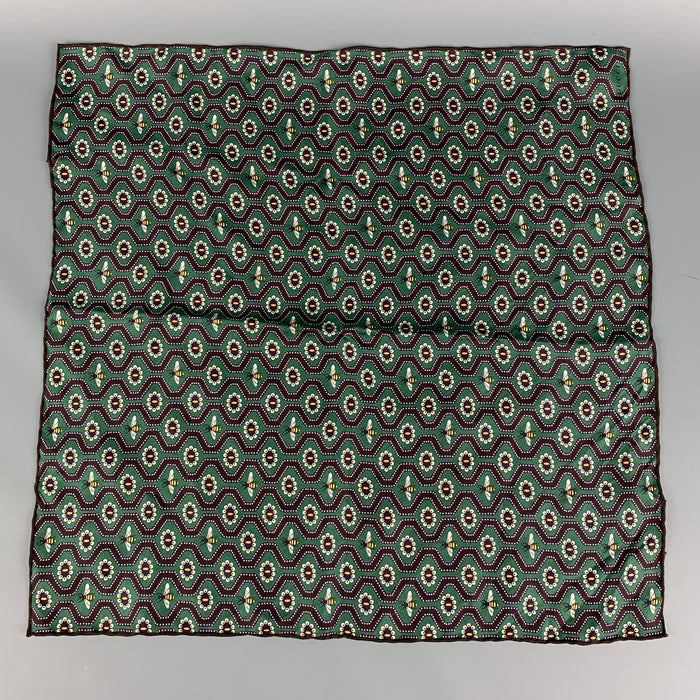 GUCCI Green & Brown Bee Print Silk Pocket Square