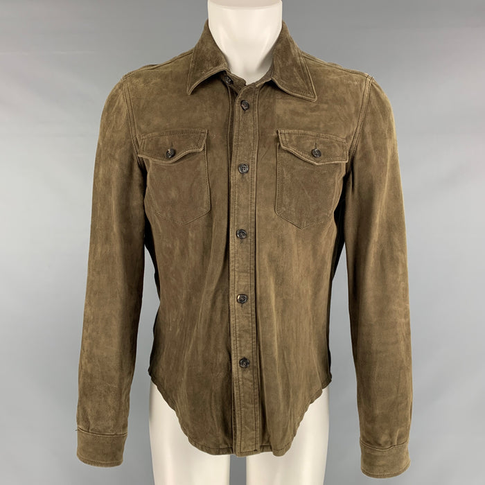 ISAIA Size 40 Olive Textured Leather Patch Pockets Long Sleeve Shirt