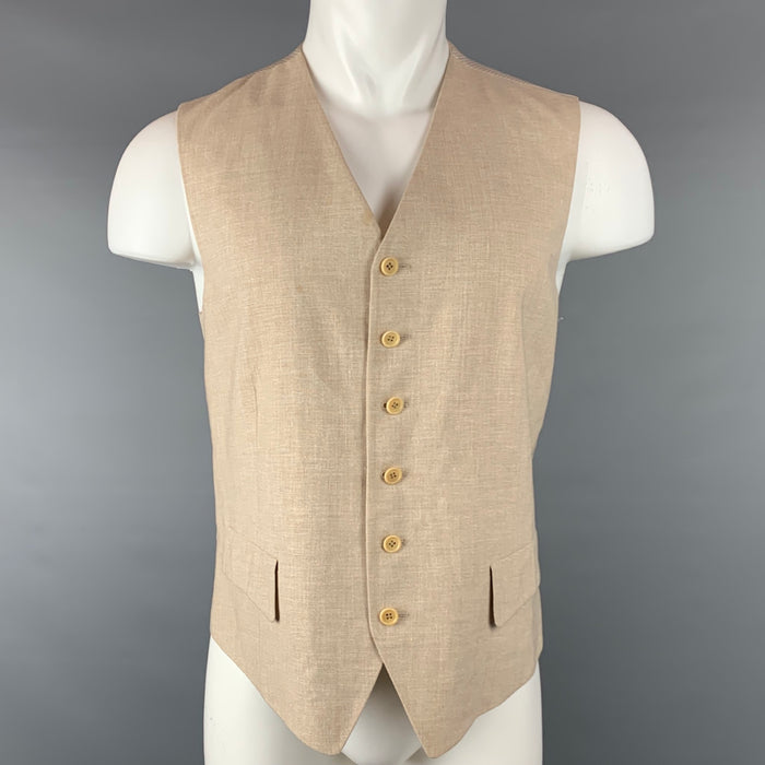 SALVATORE FERRAGAMO Size 42 Khaki Linen / Wool Buttoned Vest