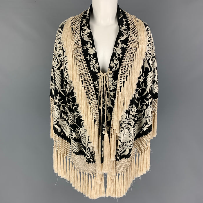 DRIES VAN NOTEN Black Cream Embroidered Silk Scarf