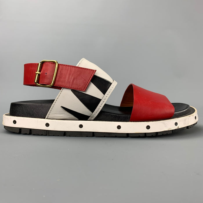 MARNI Size 10 Red & White Leather Belted Sandals