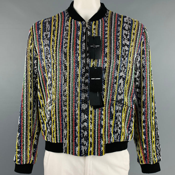 SAINT LAURENT Size 46 Black Multi-Color Beaded Bomber Jacket