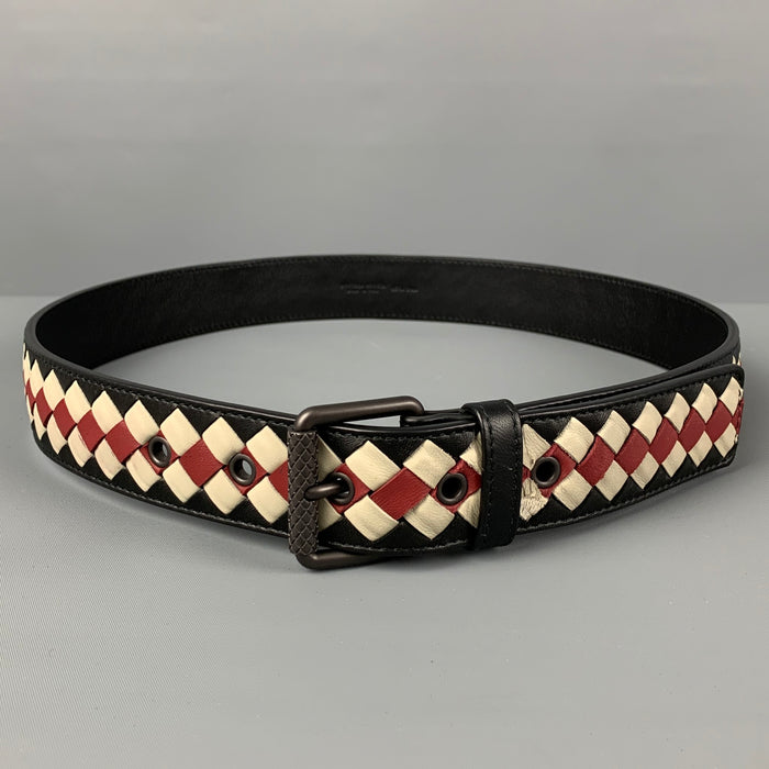 BOTTEGA VENETA Size 34 Black Red White Woven Leather Belt