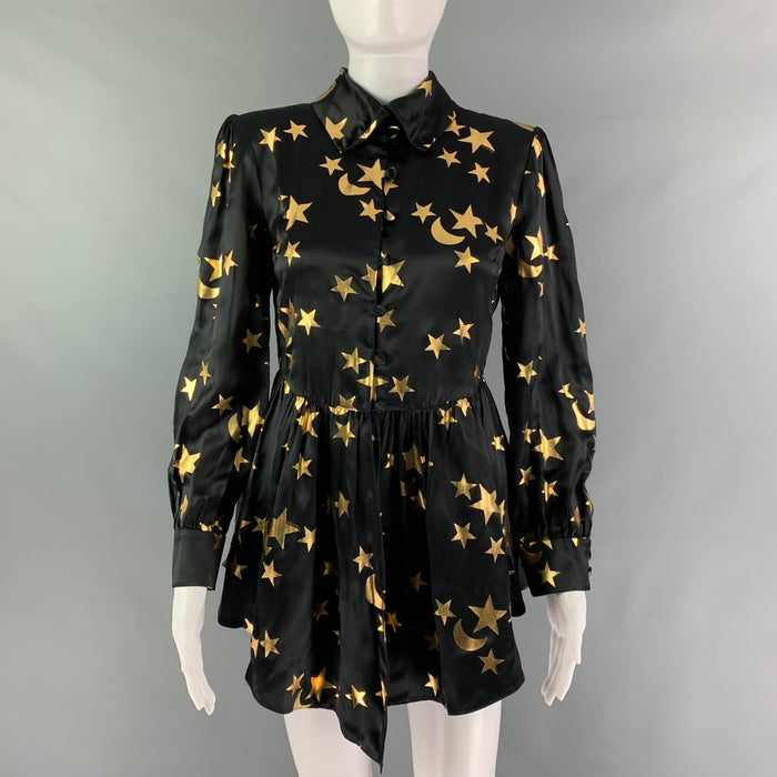 GUCCI Size 2 Black Gold Silk Stars Blouse