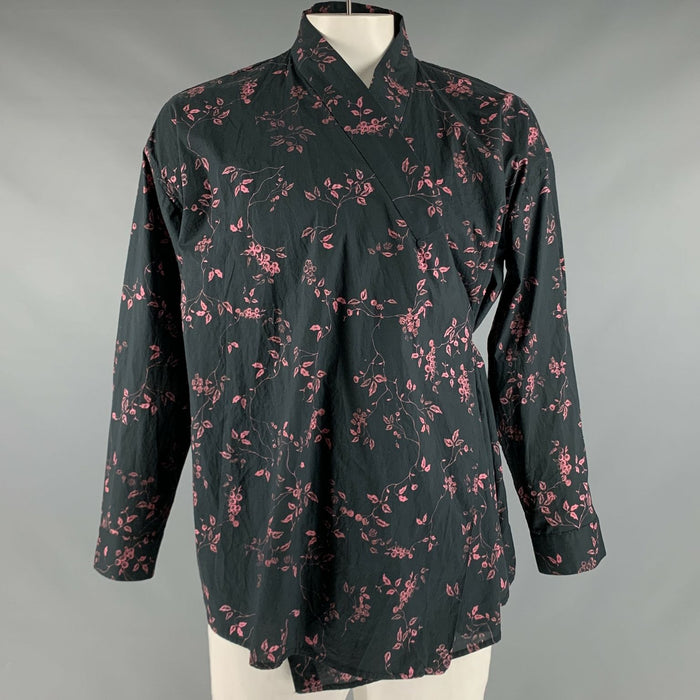 HAIDER ACKERMANN Size L Black Pink Cotton Floral Wrap Around Kimono Shirt