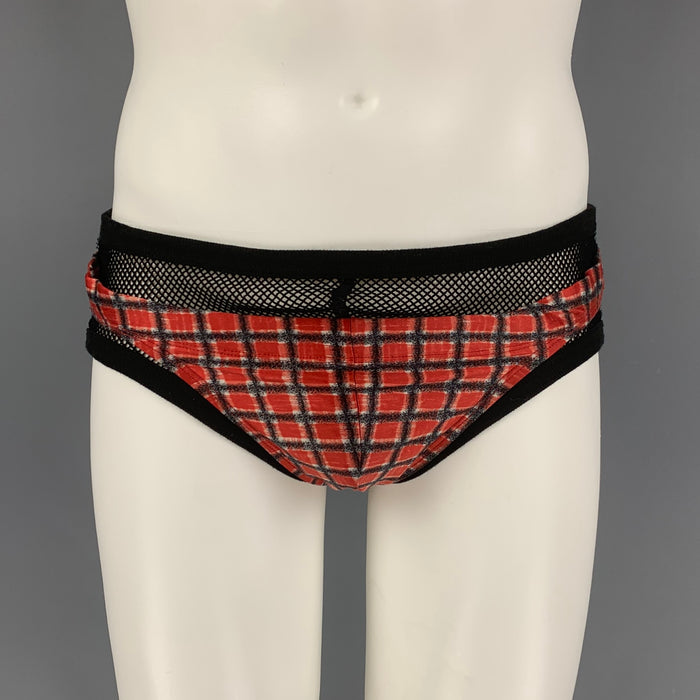 Vintage JEAN PAUL GAULTIER Size L Black Red Plaid Nylon Lycra Drawstring Speedo