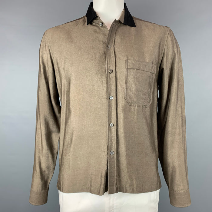 LANVIN Size XL Olive & Black Silk / Wool Long Sleeve Shirt
