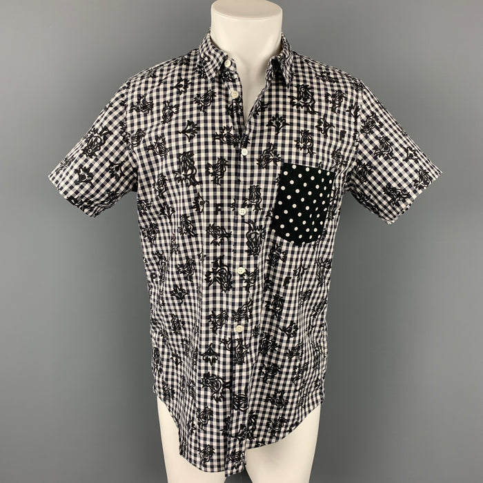 COMME des GARCONS BLACK Talla XL Camisa de manga corta de algodón a cuadros en blanco y negro