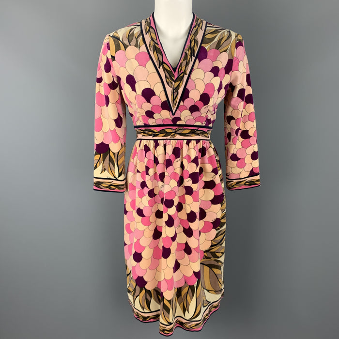 EMILIO PUCCI Vintage Size 10 Pink Print Velvet A Line Long Sleeve Dress