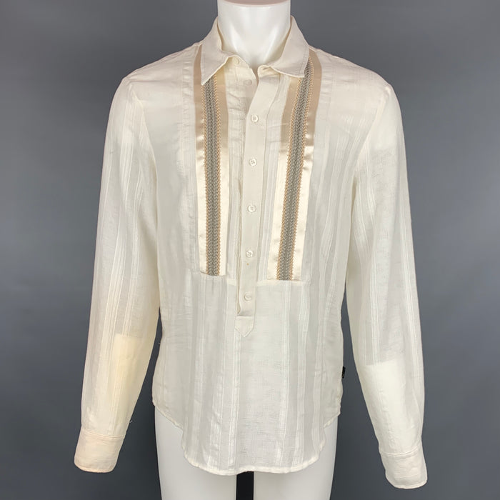 JUST CAVALLI Size L Cream Textured Cotton Long Placket Long Sleeve Shirt