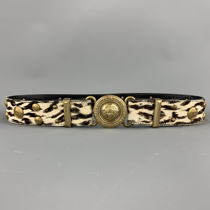 GIANNI VERSACE Studded Size 32 Beige Leather Pony Hair Brown Belt