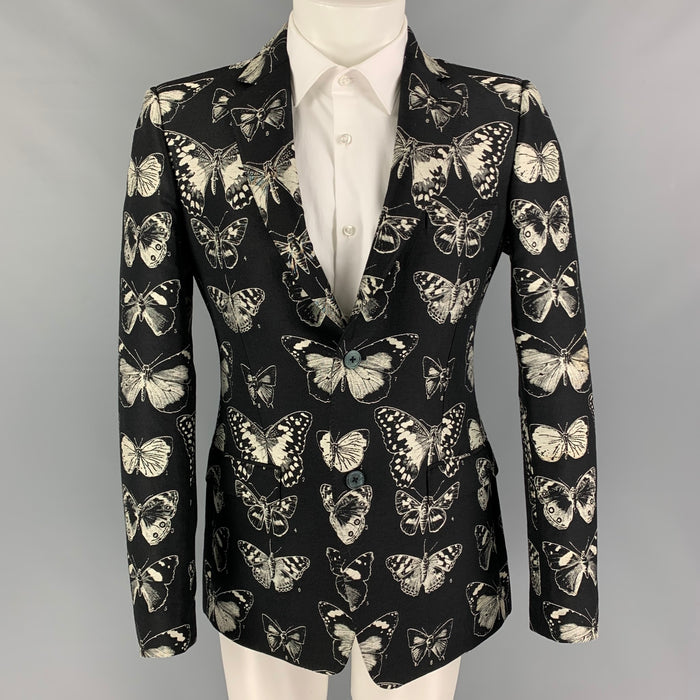 ALEXANDER MCQUEEN FW 16 Size 40 Black Grey Beige Butterfly Print Wool Blend Sport Coat