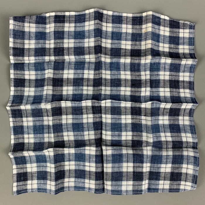 BRUNELLO CUCINELLI Navy Blue Brown Plaid Linen Pocket Square