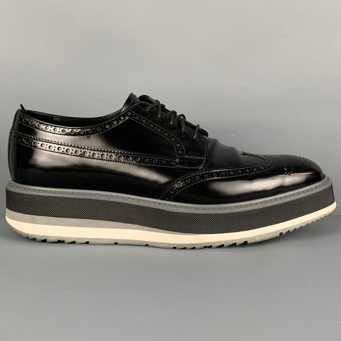 PRADA Size 9 Black Perforated Leather Wingtip Platform Lace Up Shoes