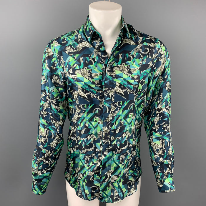 VERSACE COLLECTION Trend Size S Green & Navy Print Silk Hidden Buttons Long Sleeve Shirt