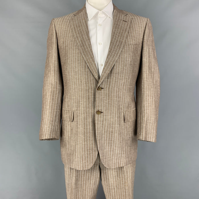 BRIONI for WILKES BASHFORD Size 42 Tan Light Blue Stripe Wool Linen Notch Lapel Suit