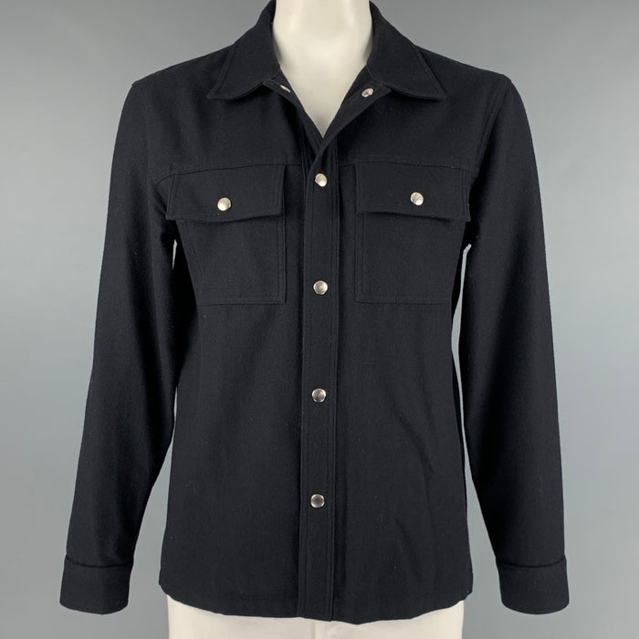 SANDRO Size XXL Black Wool Blend Snaps Long Sleeve Shirt