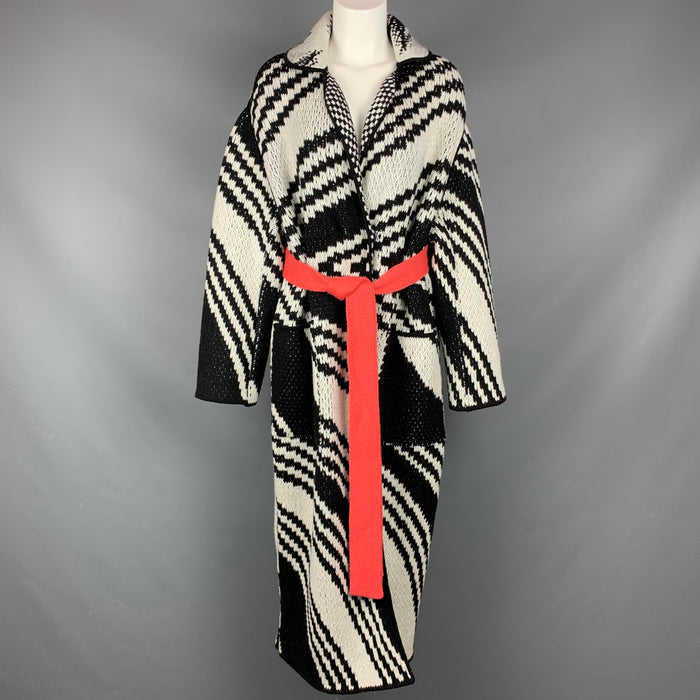 MISSONI Size 6 Black & White Knitted Wool Blend Belted Maxi Cardigan