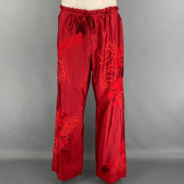 GUCCI by TOM FORD 2001 XL Red Dragon Embroidered Silk Wide Leg Karate Pants