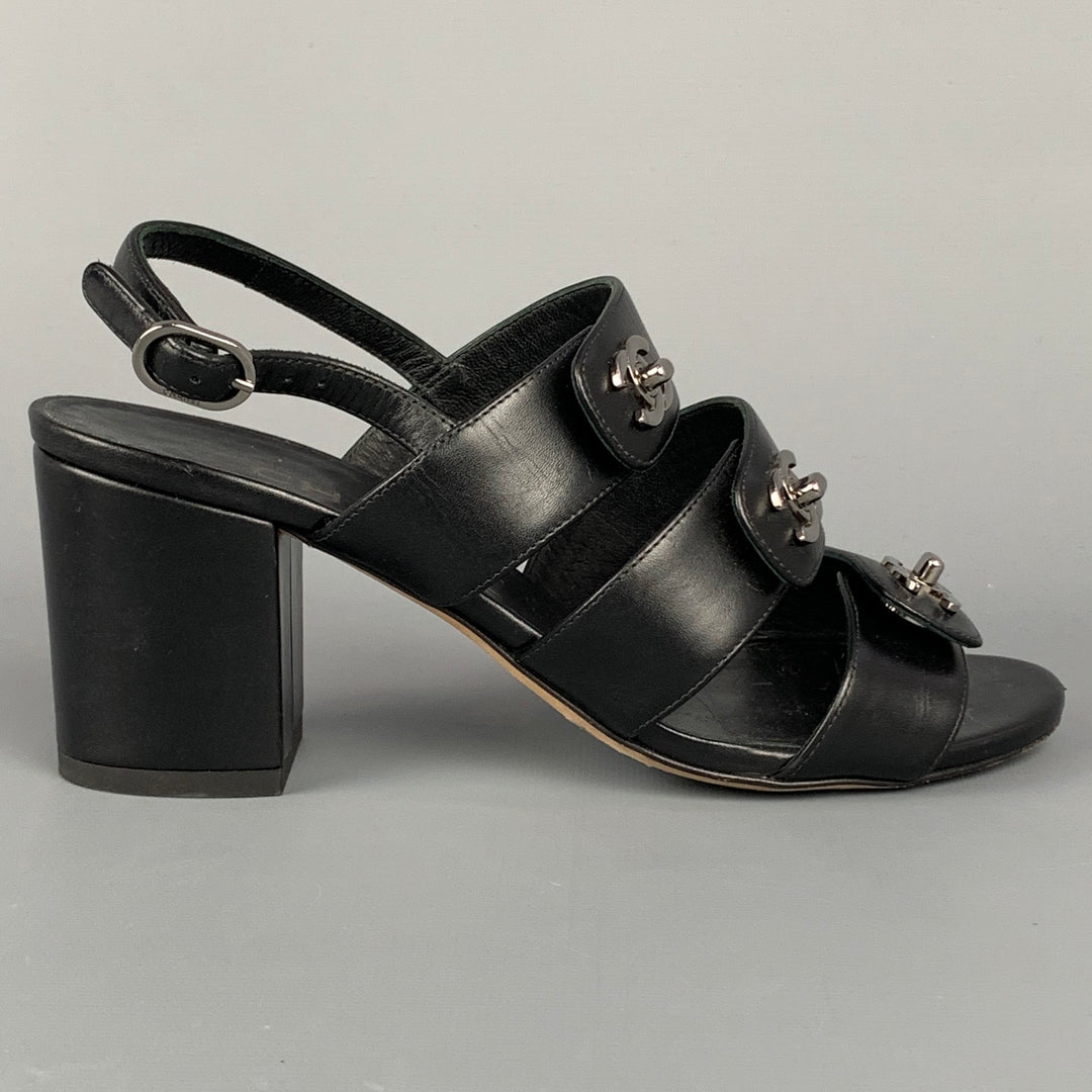 CHANEL Size 6 Black & Silver Leather Turn Lock Logo Chunky Heel Sandals